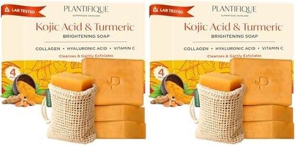PLANTIFIQUE Kojic Acid Soap for Hyperpigmentation 4 Bars with Mesh Bag - Turmenic Soap with Hyaluronic Acid, Collagen, Vitamin C for Dark Spots - Vegan Skincare, 320g / 11.28 oz (Pack of 2)