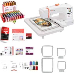 Poolin EOC07 Embroidery Machine 7.9x15 Inches Area +80 Colors Embroidery Threads+144pcs Prewound Bobbins+12‘’x50'' Yards Cut Away Stabilizer+50 pcs Soft Stich Cover for Embroidery Small Business