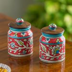 ExclusiveLane 'Mughal' Floral Handpainted Multi-Utility Storage Ceramic Jars & Containers with Wooden Lid for Kitchen Storage Snacks Jar (Set of 2, Airtight, 410 ML, 5.2 Inch), JAR: Red, LID: Brown