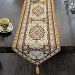 DaDa Bedding Elegant Ornate Tapestry Table Runner - Intricate Royal Persian Rug Floral Golden Opulence - Gold Brown Beige Decorative Damask Cotton Linen Woven Dining Mats - 13" x 54"