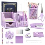 12 in 1 Purple Desk Organizers and Accessories Set, Purple Gifts for Coworkers, Purple Office Supplies, Purple Stapler Pen Holder Tape Holder Staples Scissors Ruler Staple Remover for Home School