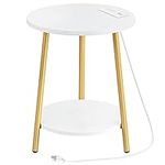 HOOBRO End Table with Charging Station, 2-Tier Round Side Table with Wooden Shelves, Modern Gold Small Accent Table for Living Room Bedroom, Small Spaces, White and Gold DW671BZ01