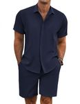 COOFANDY Mens Linen Suit Vacation Outfits for Men Linen Sets, Navy Blue, 3X-Large