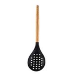 Spatlus Woodtula Silicone Skimmer Spoon, Wooden Handle Seamless Nonstick BPA-Free & Heat Resistant up to 445°F, Kitchen Strainer Spoon Pasta Spaghetti Noodles and Frying 32 cm Black