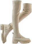 Shoe'N Tale Thigh High Boots Round Toe Mid Chunky Heel Stretch Over the Knee Boots for Women, Beige, 9.5