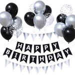 Unisun Black Birthday Decorations, 12inch Black Silver Happy Birthday Balloons with Birthday Bunting Confetti Balloon, Silver Black Party Decorations for Men Boys