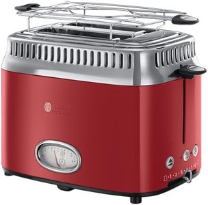 Russell Hobbs Toaster [für 2 Scheiben] Retro Edelstahl Rot (Countdown-Anzeige im Retrodesign, inkl. Brötchenaufsatz, 6 Bräunungsstufen + Auftau- & Aufwärmfunktion, 1300W) Vintage 21680-56