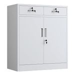 JINGUR Metal Storage Cupboard with Locking Doors and 2 Drawers, Lockable Storage Cabinets with Adjustable Shelf for Home Office and Garage (White)