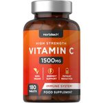 Vitamin C Tablets 1500mg | 180 Count | High Strength Immune and Energy Support | Vegan | by Horbaach