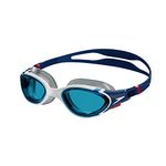 Speedo Unisex Biofuse 2.0 Swimming Goggles, Patented Easy Adjustment, Anti-Fog, Anti-Leak, Enhanced Fit, Improved Comfort, Ammonite Blue/White/Red/Blue, One Size