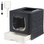 Suhaco Cat Litter Box with Lid for Small and Medium Cats, Covered Top Entry Front Door Cat Litter Tray Foldable Kitty Litter Box with Drawer Type for Growing Cats (Black)