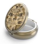 Pill Case Pill Box with Mirror Retro 3 Compartment Small Pill Case for Purse or Pocket Bronze Small Roud Pill Box or Vitamins, Fish Oil, Supplements, Pill Containe Travel Gifts（Vintage Map-2）