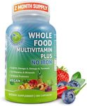 Vegan Whole Food Multivitamin Without Iron, Daily Multivitamin for Women and Men, Made with Fruits & Vegetables, B-Complex, Probiotics, Enzymes, CoQ10, Omegas, Turmeric, Non-GMO, 180 Count