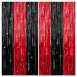 KatchOn, Red and Black Fringe Curtain - 3.2x8 Feet Pack of 2 | Red and Black Party Decorations | Halloween Backdrop for Halloween Decorations | Casino Theme Party Decorations