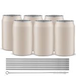 JoyJolt Metal Beer Can Tumbler with Straws and Brush. Unbreakable Metal Drinking cup Set of 6 Metal Tumblers. Stainless Steel Tumbler Can Shaped Glass Cups, Soda Can Glasses for Water, Wine etc