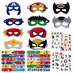 10 Pcs Superhero Masks,12 Pcs Superhero Slap Bands,4 Sheet Super Hero Temporary Tattoos Stickers for Kids Party Bags Fillers,Felt Superhero Cosplay Party Masks,Dress Up Bracelets Avengers Fillers