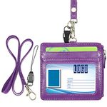 Wisdompro Badge Holder with Lanyard, 2-Sided PU Leather Card Holder Wallet with 1PC Neck Strap,1 ID Window, 4 Card Slots, 1 Side Zipper Pocket for School, Office, Bus Pass - Purple(Horizontal)