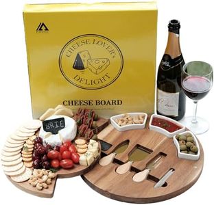 BLOODYRIPPA 13-inch Round Slide-Out Acacia Wood Cheese Board, Charcuterie Cheese Cutting Board with Cutlery Set, 3 Ceramic Bowls, Slate Labels, Chalk Markers