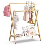 BAMBOOHOMIE Kids Clothing Rack, Kids Dress Up Rack with Storage Shelf & Double Rods, Foldable Kids Clothes Rack for Toddler Nursery Child's Room, 100% Natural Bamboo (Regular Size)