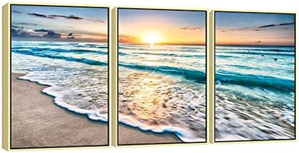 Pyradecor Gold Framed Large Blue Beach Sunrise White Wave Pictures Painting on Canvas Sunset Seascape Canvas Prints Modern Seaview Canvas Wall Art for Home Office Decorations AH3069-4060GF