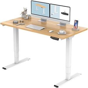 FLEXISPOT Pro 3 Stages Dual Motor Electric Standing Desk 140x70 cm Whole-Piece Desk Board Height Adjustable Desk Electric Stand Up Desk Sit Stand Desk(White Frame + Natural Desktop)