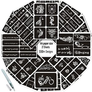 Aresvns Henna Tattoo Stencil Reusable 550+ Designs, Henna Tattoo Kit 21 Sheets,Temporary Tattoo Template, Airbrush Tattoo Stencils, Cool Stickers