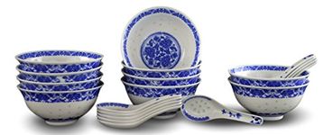 10 Pcs Fine Porcelain Blue and White Rice Pattern Bowls, Cereal Bowls, Rice Bowls with Free 10 Porcelain Spoons Jingdezhen China Soup Bowl, Fruit Bowl Set
