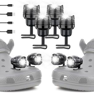 4 Pcs Rechargeable Headlights Compatible with Clog, Headlights for Crock, Adjustable Light for Shoes, Flashlights Accessories for Kids, Adults Sandals, Clip on Clog, For crocs accessories (Black)