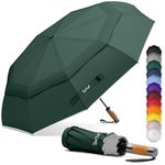 Royal Walk Windproof Folding Travel Umbrella Compact and Strong Luxurious Real Wood Handle Automatic Open Close Vented Double Canopy for Men and Women (Dark Green)