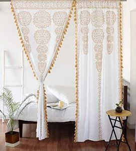 Moroccan Medallion Floral Ombre Mandala Window Curtains Tapestry Indian Drape Balcony Room Decor Divider Sheer Wall Hanging with Pom Pom Lace