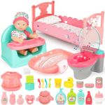 deAO 28 Pcs Baby Doll Set with Doll, Miniature Doll Cot, Toilet, Bathtub & Chair Feeding Accessories, Baby Doll Bath Set with Bathing & Dolls Accessories for 3-6 Year Old Girls Boys