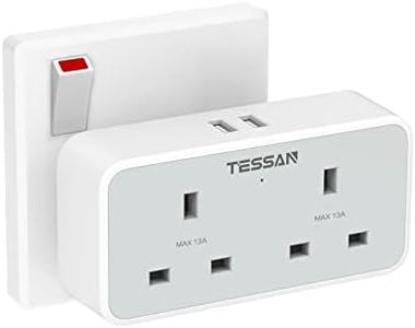 TESSAN Double Plug Adaptor with 2 USB, 2 Way Multi Plugs Extension Adapter, 13A UK Dual Surge Protected Wall Charger Power Socket for Home, Office, Kitchen, School Supplies