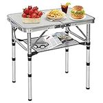 Small Folding Table,3 Adjustable Height Foldable Table,2Ft Portable Camping Table,Outdoor Folding Table with Net Mesh，Folding Beach Table,White Metal Folding Table for Patio BBQ