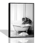 Bathroom Wall Art Canvas Black Framed Funny Monkey Wall Art in Bathtub Picture, Humor Animals Bathroom Artwork Prints Rustic Farmhouse Style Wall Decor Ready To Hang for Living Room, Bathroom, Bedroom, Kids Bathroom Decor