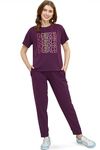 ZEYO Women's Cotton Purple Typography Printed Night Suit Set of Top & Joggers 5713