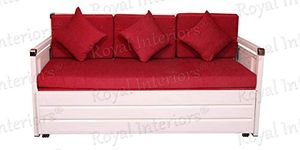 Royal Interiors Coldies 3 Seater Metal Sofa Cum Bed with Hydraulic Storage | Queen Size Sofa Cuma Bed | 3 Seater Sofa Set, Metal Sofa Set for Living Room (Ivory Finish with Red Cushion)