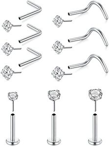 D.Bella 20G Threadless Push in Nose Studs for Women Surgical Steel L Shaped Nose Screw Straight Bar Nose Rings Studs 1.5mm 2mm 2.5mm 3mm 4mm Diamond CZ Nose Piercings Nostril Piercing Jewelry