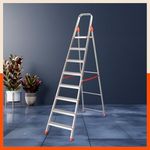 Bathla Advance 8-Step Foldable Aluminium Ladder for Home | Heavy Duty & Anti-Slip Steps | 5 Year Manufacturer Warranty | with Sure-Hinge Technology (Orange)