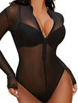 Avidlove Womens Mesh Bodysuit Black Long Sleeve Snap Crotch Bodysuit See Through Zipper Sheer Leotards Sexy Bodysuit Tops S