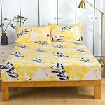 Tache Contemporary Watercolor Nature Printed Flower Pattern Spring Leaves Floral Bright Light Yellow Ivory Black Navy Blue Soft Microfiber 15" Deep Pocket Fitted Sheet, California King