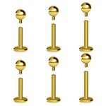 BODY CAC 6PCS-16G(1.2mm) Internally Threaded Labret Gold Tragus Earrings 136 Implant Grade Titanium Flat Back Lip Piercing Conch Helix Studs-3mm Plain Balls