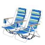 Bonnlo Backpack Low Beach Chairs Set of 2, Breathable Folding Beach Chair with Cup Holder, 120kg Capacity, Blue Green Stripes