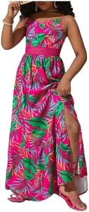 BEAUDRM Girl's Tropical Print Cami Dress Boho Tiered Spaghetti Strap Split Thigh Vacation Flowy Long Dresses Pink 10Y