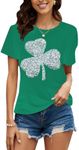 Metallic Sparkle Sequin Shamrock Tops for Women Plus Size Puff Sleeve Pullover Fall Tops Shiny Party Shirt, Green+ Sequin Shamrock, Large
