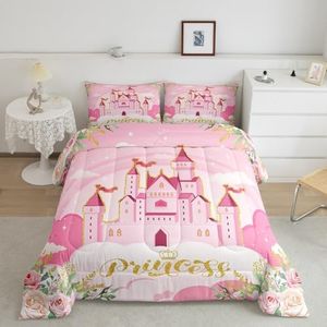 Manfei Girls Women Princess Comforter Set Queen,Pink Castle Dreamy Comforter Set Kids Bedroom Decor,Flowers Garden Princess Bed Set,Fairy Tale Theme Duvet Insert Cute Blanket,Gifts for Girls