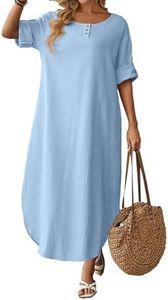 Celmia Cotton Dress for Women Summer 3/4 Sleeve Split Linen T Shirt Dresses Split Hem LightBlue Large