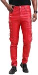 Idopy Men`s Rock Steampunk Lace Up PU Leather Pants Slim Fit Red 30