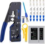 XIKKART RJ45 Crimping Tool Kit, Passthrough Cat7 Cat6A Cat6 Cat5E Cat5 RJ45 Ethernet Crimp Tool with 10PCS Cat7 Pass Through Connectors 10PCS Cat6 Pass Through Connectors 10PCS Covers 1 Network Tester