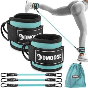 DMoose Fitness Ankle Strap with Tube Resistance Band for Cable Machines - Padded Ankle Cuff & Durable Tube Band for Glute Kickbacks, Leg Workouts, Hip Abduction, Resistance Training (Cyan Bands)