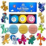 Bath Bombs for Girls - 3 Natural Handmade Bath Bombs for Kids with Pony Toys Inside - Cool Surprises for Girls, Boys, Teens - Handmade in USA